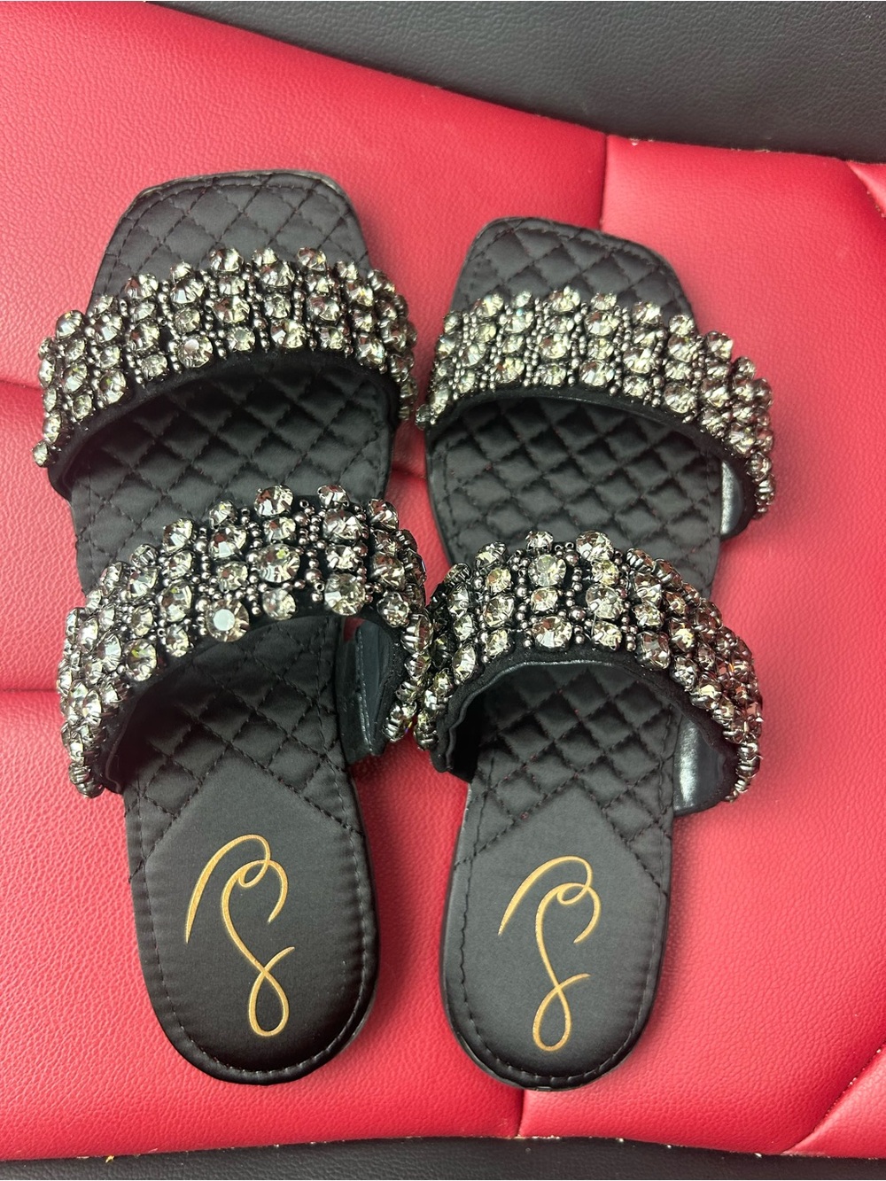Sam Edelman Black Quilted Slide Sandals with Crystal Straps
